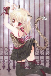 Rule 34 | 1girl, absurdres, animal ears, animal print, blonde hair, blush, cat ears, cat tail, corset, hato rami, highres, kneeling, leopard print, looking back, open mouth, rami, red eyes, ribbon, solo, tail, thighhighs