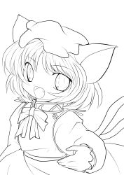 Rule 34 | 1girl, absurdres, animal ears, cat ears, cat girl, cat tail, chen, female focus, greyscale, highres, lineart, looking at viewer, monochrome, multiple tails, open mouth, short hair, smile, solo, tail, touhou, transparent background, yume shokunin