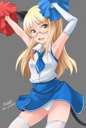 Rule 34 | 1girl, alternate costume, animal ears, artist name, blonde hair, blue necktie, blue skirt, cat ears, cat tail, cheerleader, collared shirt, commentary request, cowboy shot, elbow gloves, glasses, gloves, grey background, haruhata mutsuki, high-waist skirt, holding, long hair, looking at viewer, necktie, open mouth, panties, pantyshot, perrine h. clostermann, pom pom (cheerleading), semi-rimless eyewear, shirt, signature, simple background, single glove, skindentation, skirt, sleeveless, sleeveless shirt, solo, standing, strike witches, tail, thighhighs, twitter username, under-rim eyewear, underwear, white gloves, white panties, white shirt, white thighhighs, world witches series, yellow eyes