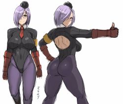 Rule 34 | 1girl, aged up, ass, breasts, cosplay, fate/grand order, fate (series), garrison cap, glasses, gloves, hair over one eye, hat, large breasts, leotard, looking at viewer, m. bison, m bison (cosplay), mash kyrielight, multiple views, necktie, pantyhose, purple eyes, purple hair, shibusun, short hair, simple background, sketch, smile, street fighter, thumbs up, white background