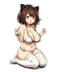 Rule 34 | 1girl, :o, bra, breasts, brown eyes, brown hair, cleavage, draph, eyebrows, eyebrows hidden by hair, full body, granblue fantasy, hairband, highres, houtengeki, large breasts, lingerie, looking at viewer, navel, open mouth, panties, shortstack, simple background, sitting, solo, thighhighs, underwear, white background, white bra, white panties, white thighhighs, yaia (granblue fantasy)
