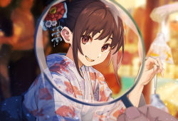 Rule 34 | 1girl, :d, absurdres, animal print, bag, bagged fish, blurry, blurry background, brown eyes, brown hair, depth of field, fish, fish print, flower, goldfish scooping, graffy boring, hair flower, hair ornament, highres, holding, huge filesize, japanese clothes, kimono, looking at viewer, open mouth, original, poi (goldfish scoop), pov, print kimono, red flower, smile, solo focus, upper body, white kimono, yukata