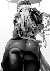 Rule 34 | 1girl, amano don, arm guards, armor, armored bodysuit, ass, ass focus, belt, bodysuit, commentary, cowboy shot, from behind, from below, goddess of victory: nikke, greyscale, halo, highres, japanese armor, long hair, mole, mole on ass, monochrome, scabbard, scarlet (black shadow) (nikke), scarlet (nikke), sheath, shoulder armor, simple background, solo, standing, white background