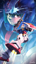 1boy absurdres amuro_ray arm_shield artist_name beam_rifle brown_eyes earth_federation energy_gun fire frown gachirin gloves green_gloves gun gundam helmet highres holding holding_gun holding_weapon looking_at_viewer male_focus mecha mobile_suit mobile_suit_gundam newtype_flash normal_suit pilot_suit robot rx-78-2 thrusters v-fin weapon yellow_eyes