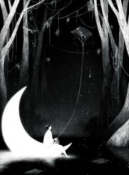 Rule 34 | 1other, faceless, fantasy, forest, from side, glowing, greyscale, highres, kite, kite flying, kite string, korean commentary, lake, long sleeves, monochrome, moon, nature, night, night sky, on crescent, original, outdoors, pants, profile, sae sae, shirt, short hair, sitting, sky, soaking feet, solo, traditional media, tree, water