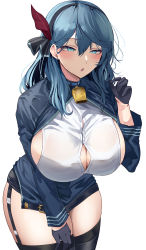 Rule 34 | 1girl, :o, absurdres, ako (blue archive), bell, black thighhighs, blue archive, blue collar, blue eyes, blue gloves, blue hair, blush, breasts, collar, commentary request, cowboy shot, ear piercing, garter straps, gloves, hair ornament, hairband, highres, large breasts, long sleeves, medium hair, namazu (yamasonson), open mouth, piercing, sideboob, simple background, solo, thick thighs, thighhighs, thighs, white background