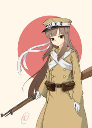 Rule 34 | 1girl, absurdres, arisaka, bad id, bad pixiv id, belt pouch, bolt action, brown hair, chinese commentary, coat, commentary request, flag background, flower, gloves, gun, hair flower, hair ornament, hat, highres, holding, holding gun, holding weapon, imperial japanese army, japanese flag, long hair, looking at viewer, military, military hat, military uniform, orange eyes, original, partial commentary, pouch, rifle, translation request, trench coat, uniform, weapon, white gloves, youotaku