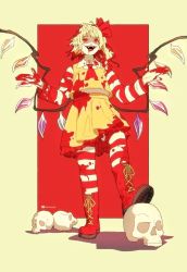 Rule 34 | 1girl, :d, absurdres, blonde hair, blood, blood on face, blood on hands, boots, cosplay, cross-laced footwear, flandre scarlet, from below, hands up, highres, lace-up boots, open mouth, red eyes, ronald mcdonald, ronald mcdonald (cosplay), skull, smile, solo, touhou, ultragruntyy, wings, yellow background
