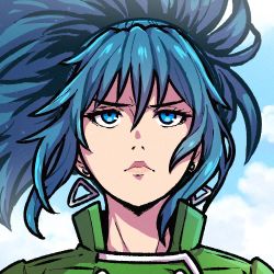 Rule 34 | 1girl, akairiot, blue eyes, blue hair, closed mouth, earrings, green jacket, jacket, jewelry, leona heidern, lips, long hair, looking up, military, military uniform, ponytail, portrait, sky, snk, solo, the king of fighters, triangle earrings, uniform