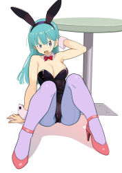 Rule 34 | 1girl, absurdres, angry, animal ears, annoyed, aqua hair, arm support, bare shoulders, black leotard, blue eyes, bow, bowtie, breasts, bulma, cameltoe, cleavage, detached collar, dragon ball, dragon ball (classic), fake animal ears, full body, hand on own head, high heels, highres, hurt, knees up, large breasts, leotard, long hair, looking up, on floor, open mouth, pantyhose, playboy bunny, purple pantyhose, rabbit ears, red bow, red bowtie, red footwear, rokoido12, shadow, simple background, sitting, solo, spread legs, straight hair, strapless, strapless leotard, table, white background, wrist cuffs