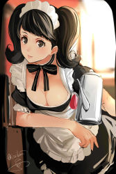 Rule 34 | 10s, 1girl, apron, arm support, black bow, black hair, blurry, blurry background, blush, bow, breasts, brown eyes, cleavage, coffee pot, depth of field, dress, eyelashes, female focus, frills, highres, holding, indoors, isshiki (ffmania7), kawakami sadayo, leaning forward, lips, looking at viewer, maid, maid apron, maid headdress, medium breasts, neck ribbon, parted lips, persona, persona 5, puffy short sleeves, puffy sleeves, ribbon, short sleeves, signature, smile, solo, swept bangs, twintails, twitter username