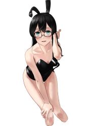 Rule 34 | 1girl, animal ears, aqua eyes, black-framed eyewear, black hair, black leotard, breasts, collarbone, cropped legs, fake animal ears, glasses, highres, kantai collection, leotard, long hair, ooyodo (kancolle), open mouth, rabbit ears, simple background, small breasts, smile, solo, strapless, strapless leotard, user nrv1436, white background