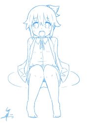 Rule 34 | 1girl, :d, bare legs, barefoot, blue theme, collared shirt, knees together feet apart, lab coat, long sleeves, looking at viewer, monochrome, neck ribbon, open mouth, personification, ponytail, ribbon, shirt, sidelocks, signature, sitting, sketch, skirt, smile, solo, tsukigi, twitter