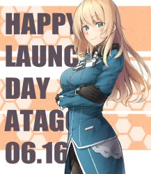 Rule 34 | 10s, 1girl, ascot, atago (kancolle), birthday, black gloves, black pantyhose, blue eyes, blue skirt, blush, breast hold, breasts, buttons, character name, closed mouth, cowboy shot, crossed arms, dated, enosan, eyebrows, fur trim, gloves, green eyes, hair between eyes, hexagon, highres, jacket, kantai collection, lace trim, large breasts, long hair, long sleeves, looking at viewer, pantyhose, pocket, self hug, skirt, smile, solo