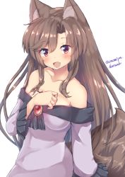 Rule 34 | 1girl, :d, alternate color, animal ear fluff, animal ears, bare shoulders, blush, breasts, brooch, brown hair, collarbone, commentary request, fang, hand on own chest, imaizumi kagerou, jewelry, lavender dress, long hair, looking at viewer, medium breasts, off shoulder, onomiya, open mouth, red eyes, shawl, skin fang, smile, solo, standing, swept bangs, tail, touhou, twitter username, upper body, very long hair, wolf ears, wolf tail