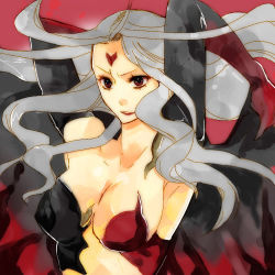 Rule 34 | 1girl, armor, breasts, cape, cleavage, cloud of darkness, facial mark, final fantasy, final fantasy iii, gloves, grey hair, heart, long hair, midriff, red eyes, revealing clothes, smile, solo, tattoo