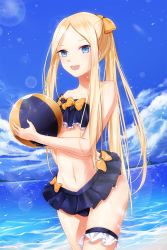 Rule 34 | 1girl, :d, abigail williams (fate), ball, bare arms, bare shoulders, beachball, bikini, bikini skirt, black bow, black skirt, blonde hair, blue eyes, bow, collarbone, commentary request, day, fate/grand order, fate (series), hair bow, holding, long hair, looking at viewer, navel, open mouth, orange bow, outdoors, parted bangs, polka dot, polka dot bow, skirt, slime (user jpds8754), smile, solo, swimsuit, teeth, thighhighs, upper teeth only, very long hair, water