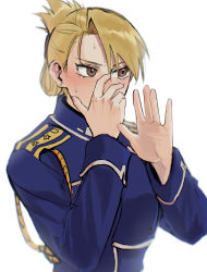 Rule 34 | 1girl, absurdres, aiguillette, amestris military uniform, blonde hair, blush, covered mouth, covering own mouth, ear blush, earrings, embarrassed, folded ponytail, fullmetal alchemist, hair between eyes, hand over own mouth, hands up, highres, jewelry, long sleeves, looking away, nose blush, ozaki (tsukiko3), riza hawkeye, simple background, solo, star (symbol), stud earrings, sweat, updo, upper body, white background