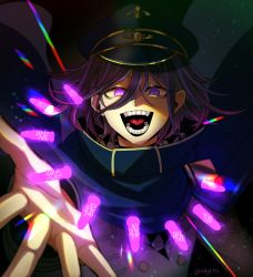 Rule 34 | 1boy, :d, artist name, black cape, black hat, bullet, cape, checkered clothes, checkered scarf, commentary request, danganronpa (series), danganronpa v3: killing harmony, evil grin, evil smile, fangs, flipped hair, floating cape, glowing, glowing eye, grin, hat, looking at viewer, male focus, nagi to (kennkenn), oma kokichi, open hand, open mouth, peaked cap, purple eyes, purple hair, scarf, short hair, smile, solo, teeth, tongue, upper body