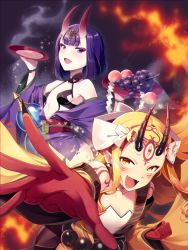 Rule 34 | 2girls, :d, absurdres, blonde hair, blunt bangs, breasts, cleavage, cup, earrings, fang, fangs, fate/grand order, fate (series), floating hair, gloves, hakka (88hk88), highres, holding, horns, ibaraki douji (fate), japanese clothes, jewelry, kimono, long hair, looking at viewer, multiple girls, open clothes, open kimono, open mouth, outstretched arm, outstretched hand, pointy ears, purple eyes, purple hair, purple kimono, red gloves, sakazuki, short hair, shuten douji (fate), sideboob, slit pupils, small breasts, smile, tattoo, very long hair, yellow eyes