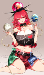 Rule 34 | 1girl, absurdres, black shirt, breasts, chain, cleavage, clothes writing, gold chain, hecatia lapislazuli, highres, large breasts, off-shoulder shirt, off shoulder, plaid, plaid skirt, raptor7, red eyes, red hair, shirt, skirt, solo, t-shirt