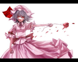 Rule 34 | 1girl, bad id, bad pixiv id, blue hair, bow, female focus, flower, hat, hat ribbon, injury, lastdark, letterboxed, outstretched arm, petals, pink hat, red eyes, red flower, red rose, remilia scarlet, ribbon, rose, scar, scratches, shirt, short hair, skirt, skirt set, slit pupils, solo, touhou