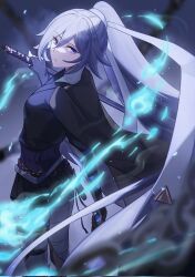 Rule 34 | 1girl, alternate costume, blue eyes, breasts, closed mouth, commentary, english commentary, esticss, fingerless gloves, fu hua, gloves, grey hair, hair between eyes, high ponytail, highres, holding, holding sword, holding weapon, honkai: star rail, honkai (series), honkai impact 3rd, korean commentary, long hair, mixed-language commentary, small breasts, solo, sword, upper body, weapon