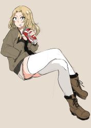 Rule 34 | 10s, blonde hair, blue eyes, bomber jacket, boots, coca-cola, comic, crossed legs, cup, disposable cup, drinking straw, full body, girls und panzer, hand in pocket, highres, jacket, kani aruki (bucket crawl), kay (girls und panzer), long hair, open clothes, open jacket, parted bangs, shorts, sitting, smile, thighhighs, zettai ryouiki