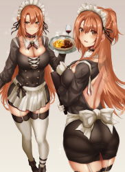 Rule 34 | 1girl, alternate costume, apron, ass, asuna (sao), back, bad id, bad pixiv id, black ribbon, blush, breasts, brown eyes, choker, cleavage, closed mouth, commentary request, commission, cup, dress, drinking glass, from behind, garter belt, garter straps, gloves, grey theme, hair between eyes, highres, hikari (komitiookami), holding, holding tray, large breasts, looking at viewer, maid, maid apron, maid headdress, open mouth, pantylines, ribbon, standing, sword art online, thighhighs, thighs, tray, white gloves, white thighhighs, wine glass