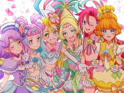 Rule 34 | 6+girls, :d, agnete (precure), aqua hair, blonde hair, blush, choker, commentary request, cure coral, cure flamingo, cure la mer, cure oasis, cure papaya, cure summer, dress, earrings, everyone, fingerless gloves, fpminnie1, gloves, gradient hair, green eyes, happy, highres, ichinose minori, jewelry, laura la mer, long hair, looking at viewer, magical girl, midriff, multicolored hair, multiple girls, natsuumi manatsu, navel, one eye closed, open mouth, orange hair, pink hair, precure, purple dress, purple hair, red hair, shirt, skirt, smile, standing, suzumura sango, takizawa asuka, tropical-rouge! precure, two-tone hair, v, white choker, white gloves, yellow choker