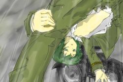 Rule 34 | 00s, areola slip, artist request, bent over, breasts, dress shirt, green eyes, green hair, hermes (kino no tabi), kino (kino no tabi), kino no tabi, motor vehicle, motorcycle, pants, rain, shirt, short hair, small breasts, torn clothes, vehicle