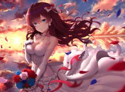 Rule 34 | 1girl, :3, ahoge, bare shoulders, blue eyes, blue flower, blue rose, blush, bouquet, breasts, brown hair, choker, cleavage, cloud, collarbone, dress, earrings, elbow gloves, flower, flower choker, frilled dress, frills, gloves, hair ribbon, hand on own chest, hand up, highres, ichinose shiki, idolmaster, idolmaster cinderella girls, idolmaster cinderella girls starlight stage, jewelry, lace, lace-trimmed choker, lace-trimmed dress, lace trim, large breasts, lips, long hair, looking at viewer, maitake (maitake1234), petals, pom pom (clothes), pom pom earrings, red choker, red flower, red ribbon, red rose, reflection, ribbon, rose, sky, smile, solo, sunset, water, wavy hair, white dress, white flower, white gloves, white ribbon, white rose