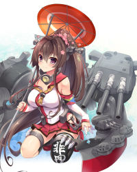 Rule 34 | 10s, 1girl, bankoku ayuya, breasts, brown hair, cherry blossoms, hair ornament, highres, kantai collection, large breasts, long hair, miniskirt, pleated skirt, ponytail, purple eyes, single thighhigh, skirt, smile, thighhighs, turret, umbrella, uniform, very long hair, yamato (kancolle)