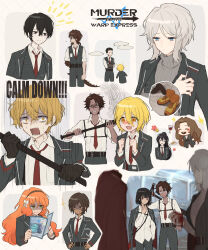 1other 6+boys 6+girls alcohol black_coat black_eyes black_hair black_vest blue_hair boots brown_footwear censored closed_eyes coat crying cup dante_(limbus_company) dark-skinned_male dark_skin don_quixote_(project_moon) drinking_glass everyone faust_(project_moon) gregor_(project_moon) grey_sweater heathcliff_(project_moon) highres hong_lu_(project_moon) ishmael_(project_moon) limbus_company long_hair long_sleeves meursault_(project_moon) mosaic_censoring multiple_boys multiple_girls necktie open_mouth orange_hair outis_(project_moon) project_moon red_coat red_necktie ribbed_sweater rodion_(project_moon) ryoshu_(project_moon) shaded_face short_hair sidelocks simple_background sinclair_(project_moon) smile speech_bubble sweater very_long_hair vest white_background white_hair wine wine_glass wing_collar yi_sang_(project_moon) york0pm