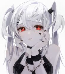 Rule 34 | 1girl, absurdres, bare shoulders, black choker, black nails, blush, bound, bound wrists, chain, choker, commentary request, crossed bangs, crying, crying with eyes open, cuffs, hair between eyes, hair ornament, hairclip, handcuffs, head rest, highres, jewelry, katoumio, long hair, looking at viewer, nail polish, original, parted lips, red eyes, ring, simple background, solo, tears, twintails, upper body, white background, white hair