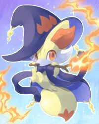 Rule 34 | absurdres, artist name, blue background, blue ribbon, commentary, creatures (company), fennekin, fire, full body, game freak, gen 6 pokemon, hat, highres, holding, holding stick, legs up, looking at viewer, nintendo, orange eyes, pokemon, pokemon (creature), ribbon, sasabunecafe, solo, sparkle background, stick, twitter username, witch hat
