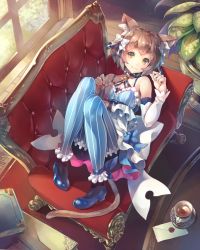 Rule 34 | 10s, 1boy, :3, animal ears, book, bow, brown eyes, brown hair, cat boy, cat ears, cat tail, choker, collarbone, couch, cup, deecha, detached sleeves, dress, envelope, fang, fang out, felix argyle, from above, hair bow, hand up, highres, indoors, knees together feet apart, light particles, looking at viewer, lying, male focus, on back, pigeon-toed, plant, potted plant, re:zero kara hajimeru isekai seikatsu, saucer, short hair, smile, solo, sunlight, table, tail, tea, teacup, trap, window