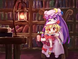 Rule 34 | 2girls, bare arms, blonde hair, book, bookshelf, bow, chair, crescent, crescent hair ornament, fang, fire, flandre scarlet, hair ornament, hat, highres, indoors, isu (is88), lantern, library, mob cap, multiple girls, one eye closed, open book, open mouth, patchouli knowledge, purple eyes, purple hair, reading, red bow, red eyes, red footwear, red skirt, shoes, sitting, sitting on lap, sitting on person, skirt, skirt set, smile, socks, touhou, vest, white legwear, wide sleeves