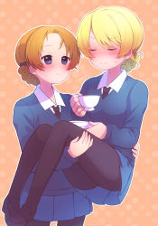 Rule 34 | 2girls, artist name, black footwear, black legwear, black necktie, blonde hair, blue eyes, blue skirt, blue sweater, blush, braid, carrying, closed eyes, closed mouth, commentary, cup, darjeeling (girls und panzer), dress shirt, girls und panzer, holding, holding cup, holding saucer, itsumip, loafers, long sleeves, looking at another, miniskirt, multiple girls, necktie, orange background, orange hair, orange pekoe (girls und panzer), outline, pantyhose, parted bangs, pleated skirt, princess carry, saucer, school uniform, shirt, shoes, short hair, skirt, smile, st. gloriana&#039;s school uniform, standing, sweatdrop, sweater, teacup, thighs, v-neck, white outline, white shirt, wing collar