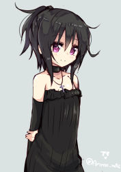 Rule 34 | 1girl, alternate hairstyle, amano kouki, arms behind back, bare shoulders, black dress, black hair, choker, collar, detached sleeves, dress, flat chest, highres, jewelry, looking at viewer, note-chan, original, ponytail, purple eyes, ribbed dress, simple background, smile, solo, twitter username
