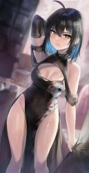 Rule 34 | 1girl, absurdres, ahoge, arm behind back, arm up, artist name, black dress, black hair, blue hair, blurry, blurry background, breasts, brown eyes, cleavage cutout, clothing cutout, colored inner hair, commentary, covered navel, cross, cross earrings, detached sleeves, dress, earrings, english commentary, feet out of frame, groin, hair between eyes, hair ornament, hairclip, highres, irene (kanniiepan), jewelry, kanniiepan, looking at viewer, medium breasts, mole, mole on breast, mole under eye, multicolored hair, no panties, original, parted lips, pelvic curtain, shoulder cutout, single detached sleeve, solo, standing, two-tone hair