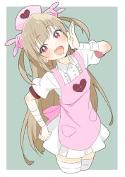 Rule 34 | 1girl, absurdres, apron, bad id, bad twitter id, bandages, bandaged arm, bandages, brown hair, rabbit hair ornament, donguri suzume, fang, hair ornament, hand on own face, hat, head tilt, highres, long hair, natori sana, nurse cap, open mouth, red eyes, sana channel, simple background, solo, thighhighs, virtual youtuber