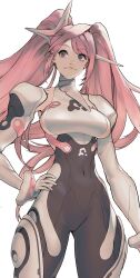 Rule 34 | 1girl, black bodysuit, black eyes, bodysuit, covered navel, elbow gloves, floating hair, gloves, grey gloves, hair behind ear, halterneck, hand on own hip, highres, instant ip, looking to the side, original, pink hair, smile, solo, twintails, unfinished, white background
