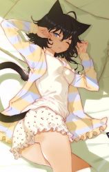 Rule 34 | 1girl, ahoge, animal ears, arutera, bed sheet, black hair, blue eyes, breasts, cat ears, cat girl, cat tail, cherry print, commentary request, food print, hair between eyes, highres, jacket, long sleeves, medium breasts, on bed, one eye closed, open clothes, open shirt, panties, shirt, shorts, solo, striped clothes, striped jacket, striped shirt, tail, thighs, underwear, white panties, white shirt, white shorts
