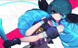 Rule 34 | 1girl, absurdres, bare shoulders, black bow, black dress, black gloves, bow, detached sleeves, dress, expressionless, gloves, green eyes, green hair, grey dress, gwen (league of legends), hair bow, hair ornament, hand up, highres, holding, holding sewing needle, league of legends, looking at viewer, monakan japan, puffy short sleeves, puffy sleeves, short sleeves, solo, upper body, x hair ornament