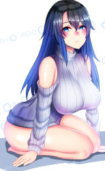 Rule 34 | 1girl, bare shoulders, barefoot, black hair, blue eyes, blush, breasts, detached sleeves, dress, kuuki (rakam), large breasts, long hair, long sleeves, looking at viewer, naked sweater, original, parted lips, ribbed sweater, seiza, sitting, solo, sweater, sweater dress, turtleneck, turtleneck sweater