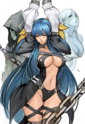 Rule 34 | 1boy, 2girls, arms up, asymmetrical wings, bdsm, belt, black legwear, black panties, blue hair, blush, bondage, bound, breasts, carcass (artist), center opening, chain, choker, cleavage, collarbone, cuffs, dizzy (guilty gear), closed eyes, green eyes, guilty gear, guilty gear x, guilty gear xx, hair between eyes, hair ribbon, hair rings, large breasts, long hair, long sleeves, midriff, monster girl, multiple girls, navel, necro (guilty gear), panties, puffy long sleeves, puffy sleeves, ribbon, simple background, skull, stomach, thick thighs, thigh strap, thighs, toned, twintails, underboob, underwear, undine (guilty gear), white background, wings, wrist cuffs, yellow ribbon