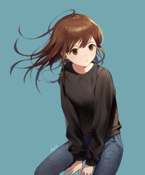 Rule 34 | 1girl, artist name, azit (down), between legs, black shirt, blue background, blue pants, brown eyes, brown hair, closed mouth, denim, floating hair, hand between legs, highres, jeans, long hair, long sleeves, looking at viewer, original, pants, shirt, signature, simple background, sitting, solo