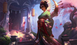 Rule 34 | 1girl, alternate costume, architecture, breasts, cherry blossoms, collaboration, comb, commentary, dappled sunlight, east asian architecture, english commentary, eyeshadow, full body, hair ornament, hair stick, highres, japanese clothes, japanese house, jem flores, jessica oyhenart, karma (league of legends), kimono, league of legends, light smile, lipstick, looking at viewer, makeup, medium breasts, nose, obi, official art, petals, sakura karma, sash, solo, sunlight, updo