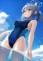 Rule 34 | 1girl, bare arms, blue archive, blue eyes, blue sky, blush, breasts, bright pupils, cloud, cloudy sky, competition swimsuit, covered navel, dutch angle, grey hair, halo, highres, may9, medium breasts, mismatched pupils, ocean, one-piece swimsuit, parted lips, partially submerged, partially underwater shot, shiroko (blue archive), shiroko (swimsuit) (blue archive), sidelocks, signature, sky, solo, swimsuit, two-tone swimsuit, underwater, wading, water, wet, white pupils